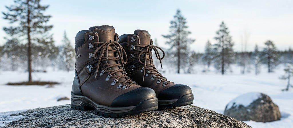 Ett par robusta vandringskängor på en klippa