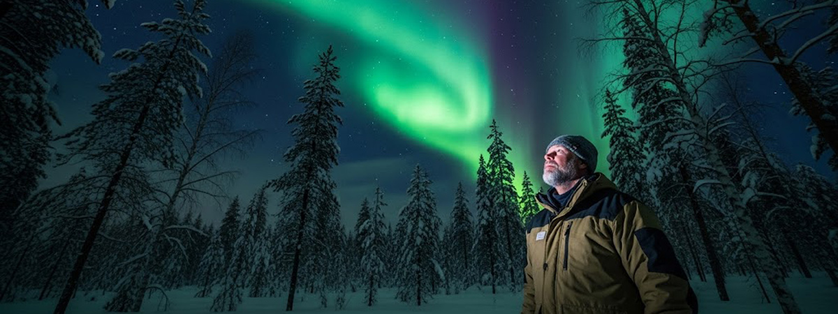 Eine Person blickt staunend in den Himmel mit tanzenden Nordlichtern