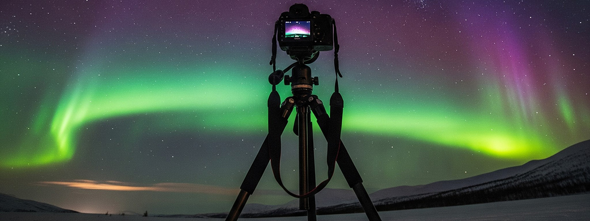 Eine Kamera auf einem Stativ, die auf den Sternenhimmel mit Nordlichtern gerichtet ist