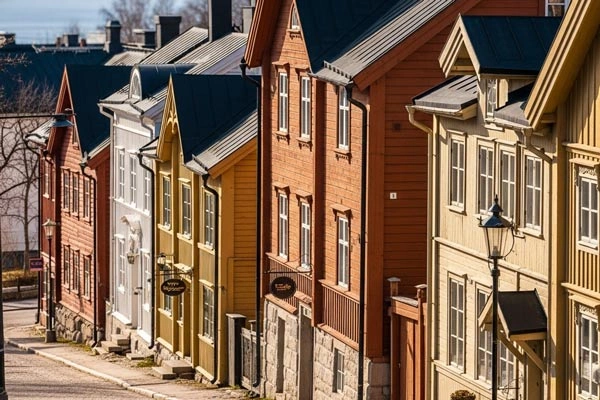 Holzhäuser in einer nordschwedischen Stadt