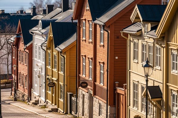 Holzhäuser in einer nordschwedischen Stadt