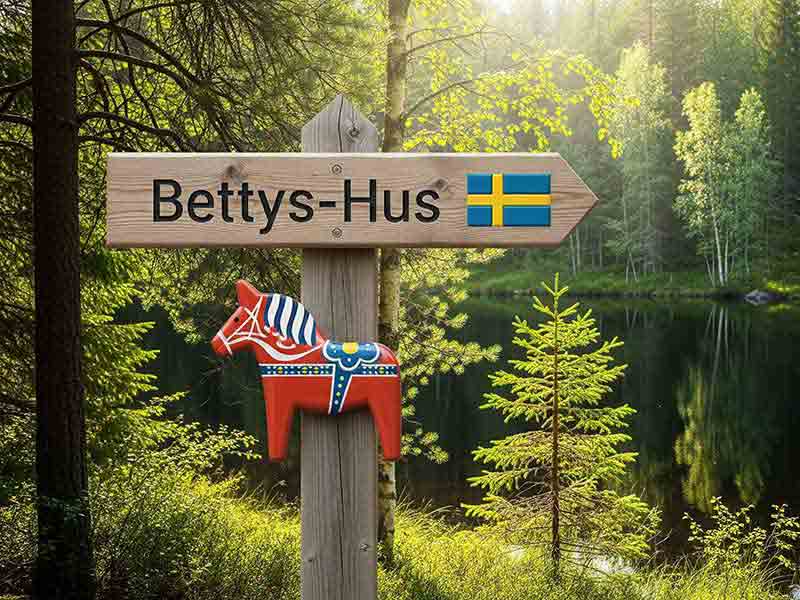 Ein Wegweiser in einer schwedischen Landschaft